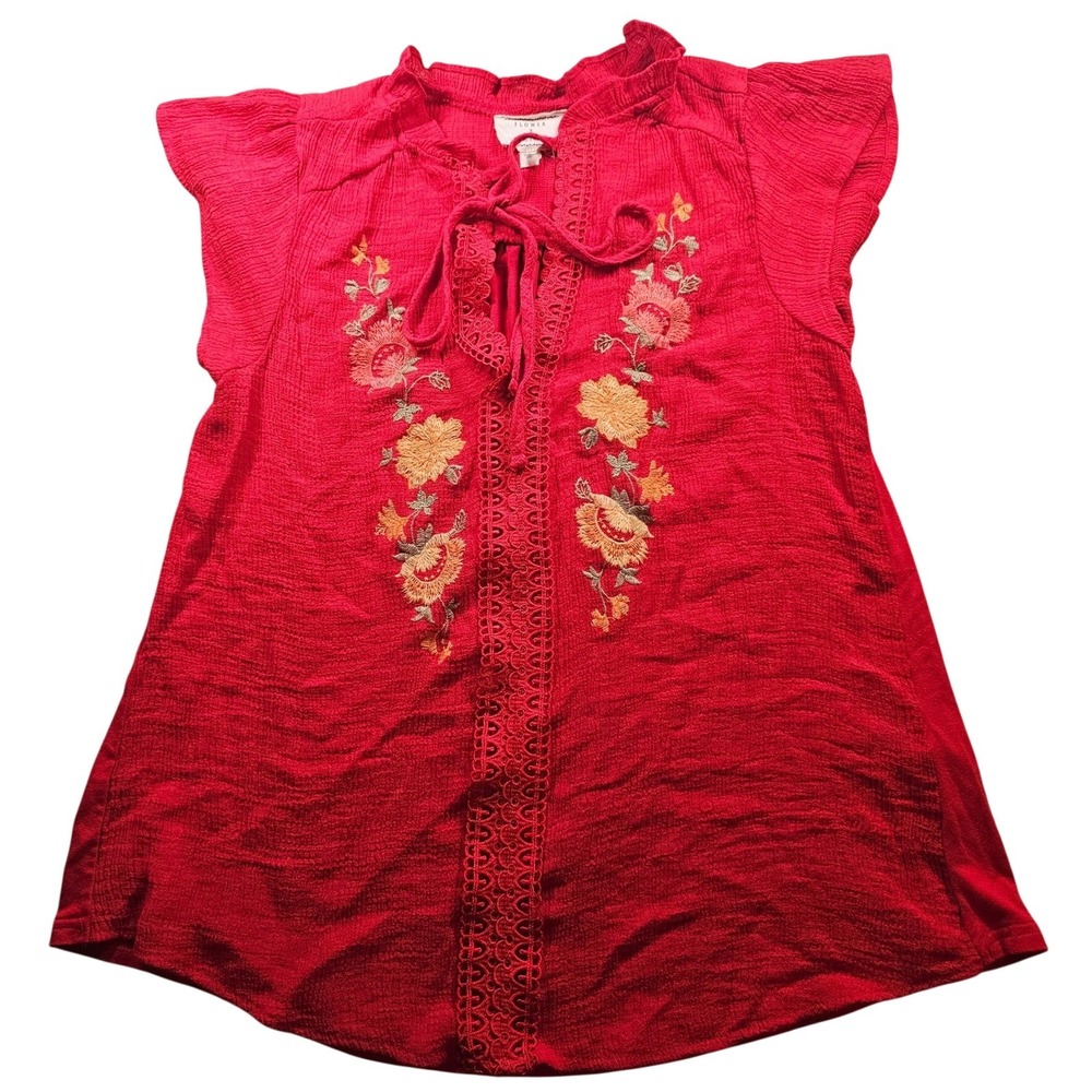 Flower & Feather Red Embroidered Flowers Boho Blouse Cap Sleeve Womens Large